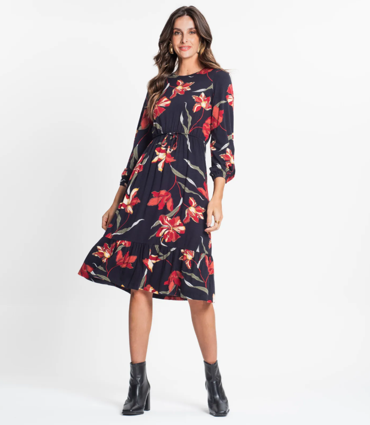Miniatura: Vestido Midi Viscose Select Preto Estampado