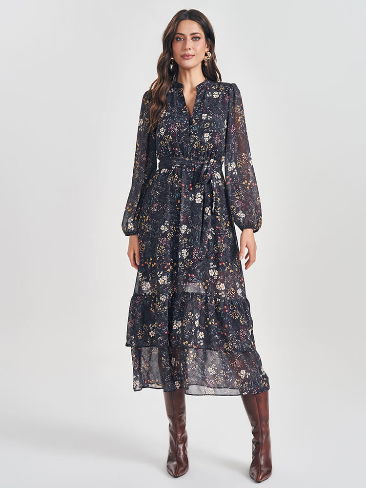 Miniatura: Vestido Longo em Chiffon Soft com Cinto e Babados