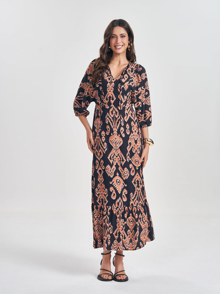 Miniatura: Vestido Longo Manga 3/4 em Viscose com Amarração Preto Boheme