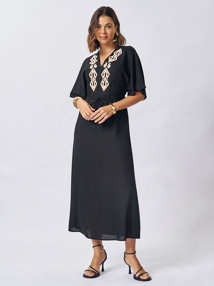 Miniatura: Vestido Longo em Plano Linen com Bordado Preto