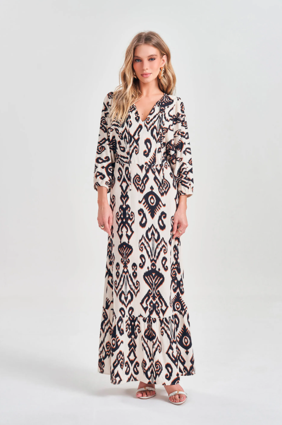 Miniatura: Vestido Longo Manga 3/4 em Viscose com Amarração Giz Boheme