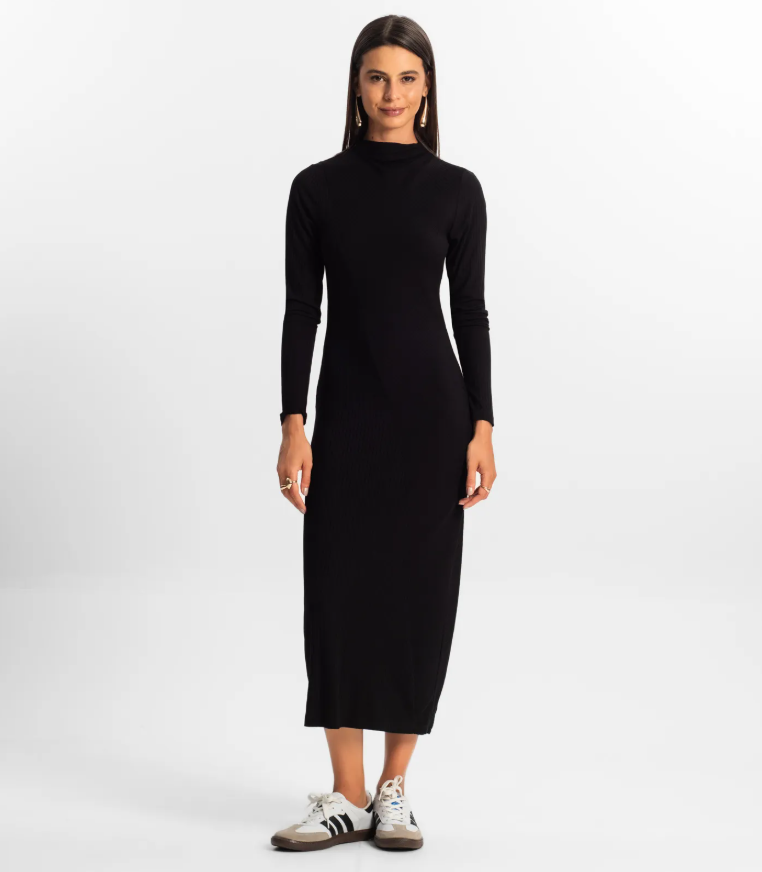 Miniatura: Vestido Midi Canelado de Manga Longa Preto