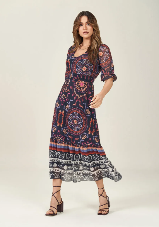 Miniatura: Vestido Midi em Tule Estampado com Manga 3/4 Marinho
