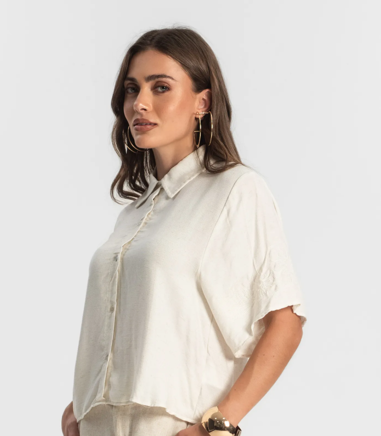 Miniatura: Camisa Manga Curta Em Viscolinho Off-White