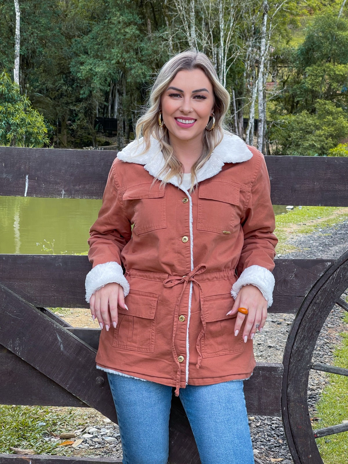 Parka Jeans Forrada de Pele Terracota