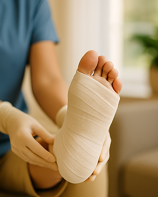 Nurse applying wrap to foot wound