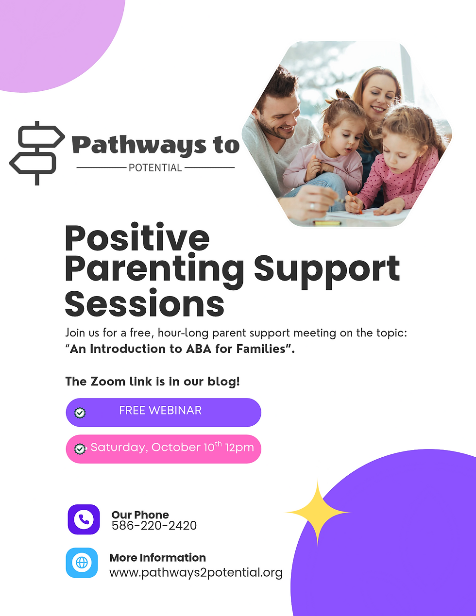 An advertisement for the free webinar featuring a family of two young girls.
