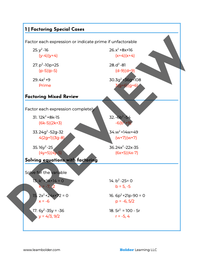 Thumbnail: Algebra Warmup / Algebra Drills - Factoring (Set of 9)