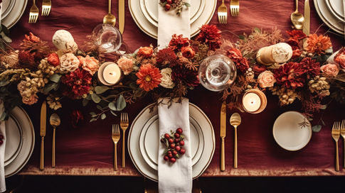 Overhead view of autumn wedding table with rust, terracotta, cream, and red flowers, candles, gold flatware, and white place settings.