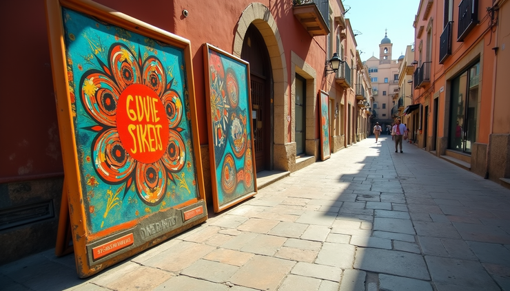 Vue en plongée d'une affiche publicitaire colorée dans une rue marocaine