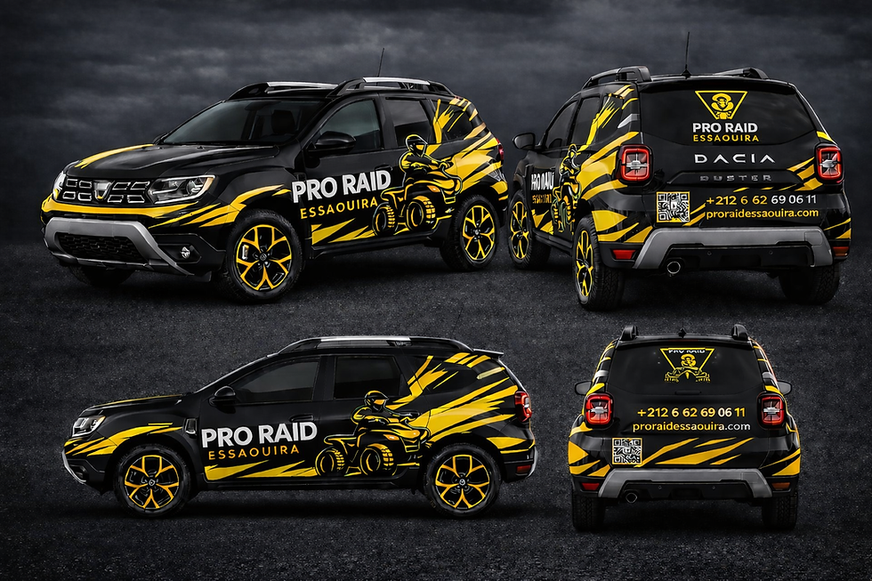 Exemple de véhicule logoté : branding Pro Raid Essaouira