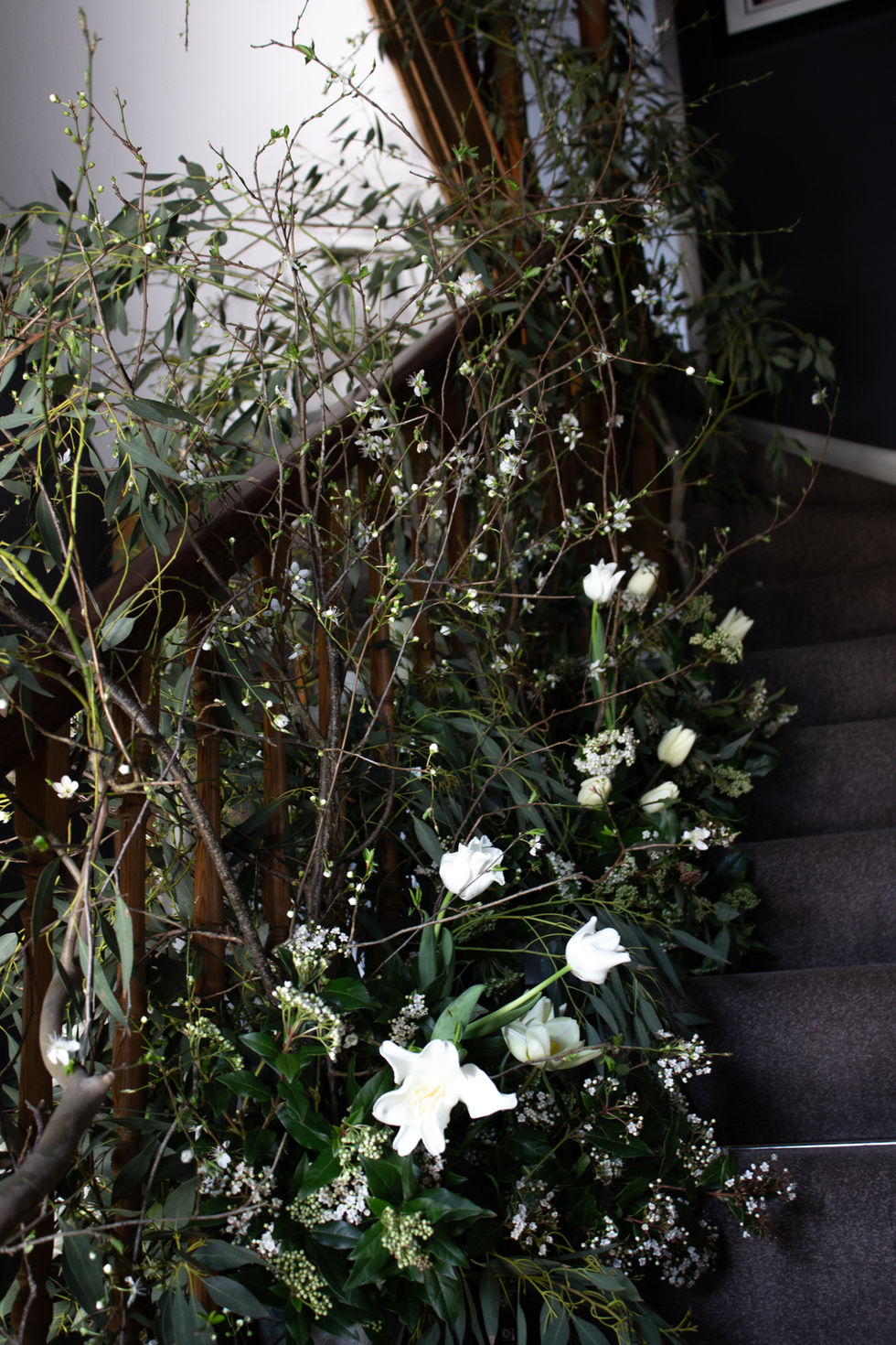 Wedding flower staircase at Midsummer House, Cambridge