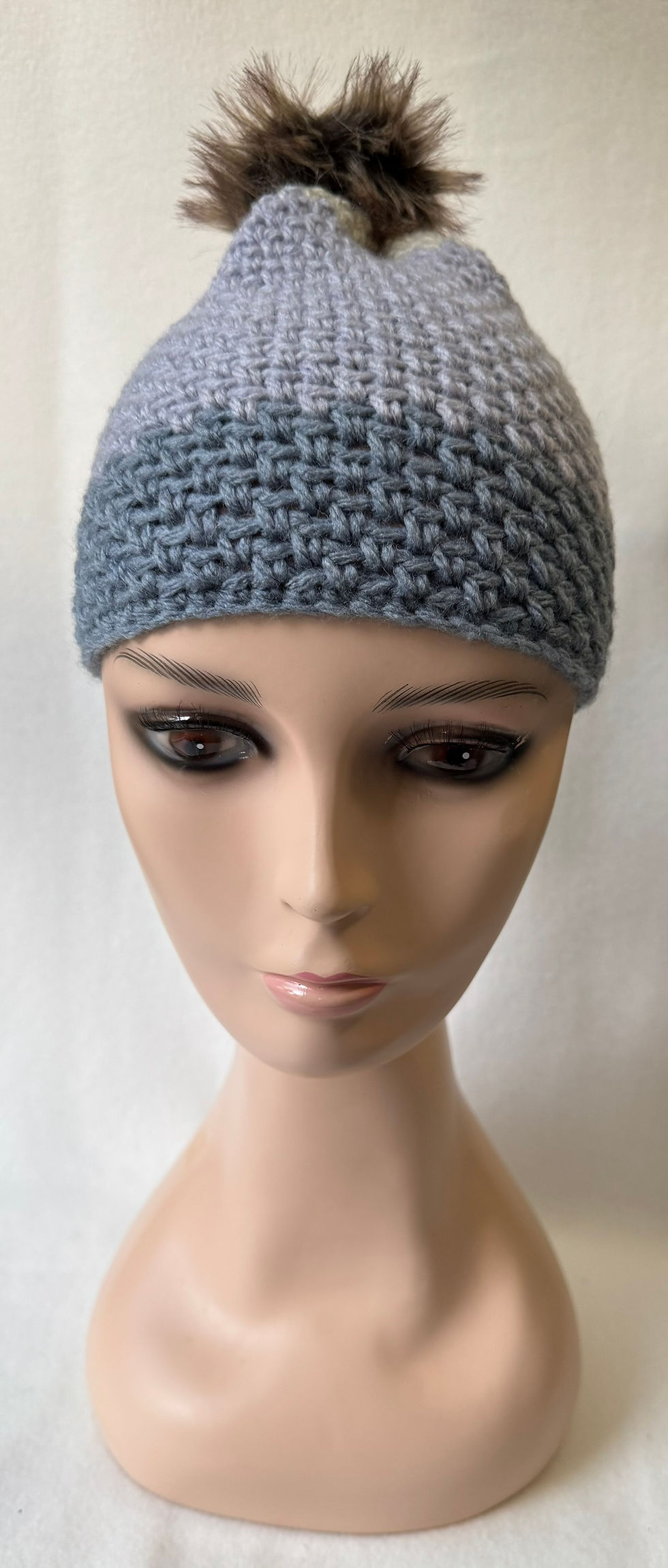 Thumbnail: Unisex Gray, Purple and Blue Beanie with Poof