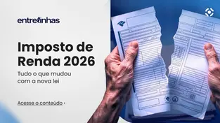 Arte promocional da newsletter Entrelinhas sobre Imposto de Renda 2026. À esquerda, em fundo claro, aparecem o logo Entrelinhas e o texto “Imposto de Renda 2026: Tudo o que mudou com a nova lei”, seguido da chamada “Acesse o conteúdo”. À direita, em fundo azul, duas mãos rasgam ao meio um formulário de declaração de imposto de renda, em referência visual às mudanças na legislação. No canto superior direito, há um ícone da marca.