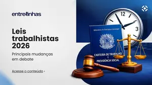 Imagem com o título “Leis trabalhistas 2026”, ao lado de símbolos do direito do trabalho, como carteira de trabalho, balança da justiça, martelo judicial e um relógio, representando mudanças nas regras trabalhistas em debate.