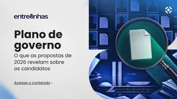 Arte do Entrelinhas sobre plano de governo, com o título “Plano de governo: o que as propostas de 2026 revelam sobre os candidatos” e ilustração de uma lupa sobre um documento.