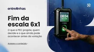  Banner do podcast Entrelinhas da Inteligov sobre o fim da escala 6x1, com o título "O que a PEC propõe, quem decide e o que ainda pode acontecer antes da votação" e uma foto de uma mão registrando ponto em relógio biométrico.
