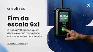  Banner do podcast Entrelinhas da Inteligov sobre o fim da escala 6x1, com o título "O que a PEC propõe, quem decide e o que ainda pode acontecer antes da votação" e uma foto de uma mão registrando ponto em relógio biométrico.