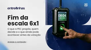 Banner do podcast Entrelinhas da Inteligov sobre o fim da escala 6x1, com o título "O que a PEC propõe, quem decide e o que ainda pode acontecer antes da votação" e uma foto de uma mão registrando ponto em relógio biométrico.