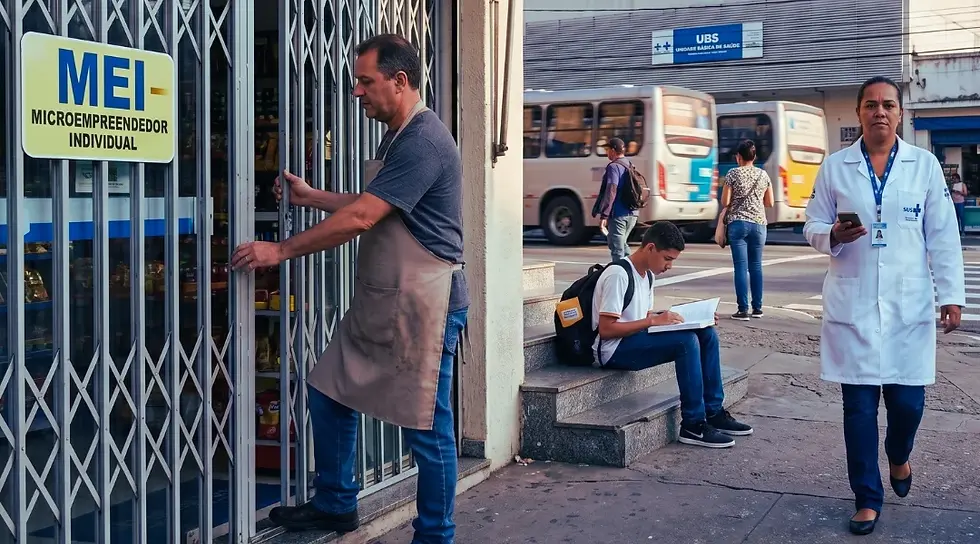 Imagem dividida em duas cenas urbanas. À esquerda, um homem de avental abre a grade de um comércio com placa “MEI Microempreendedor Individual”. À direita, uma profissional de saúde caminha em frente a uma UBS, enquanto um jovem sentado consulta papéis e outras pessoas circulam pela rua.