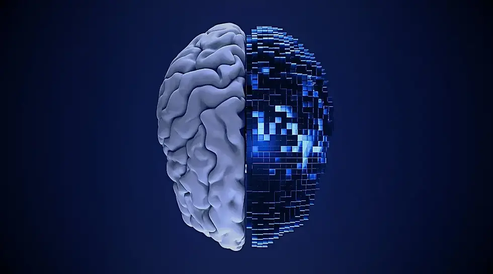 Imagem em azul de um cérebro onde metade é de um cérebro humano e metade é de um cérebro artificial