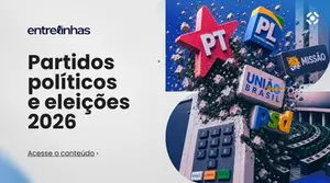 Arte do podcast Entrelinhas sobre partidos políticos e eleições 2026, com urna eletrônica e símbolos de PT, PL, União Brasil, PSD e Missão.