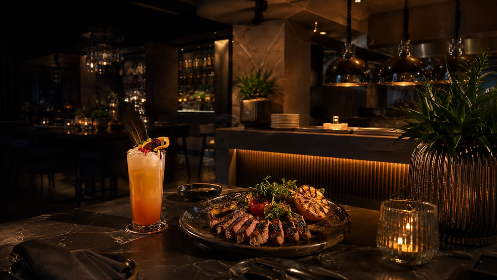 Expressive food and fruit-garnished cocktails in the atmospheric LA TASQUERIA dining and bar environment