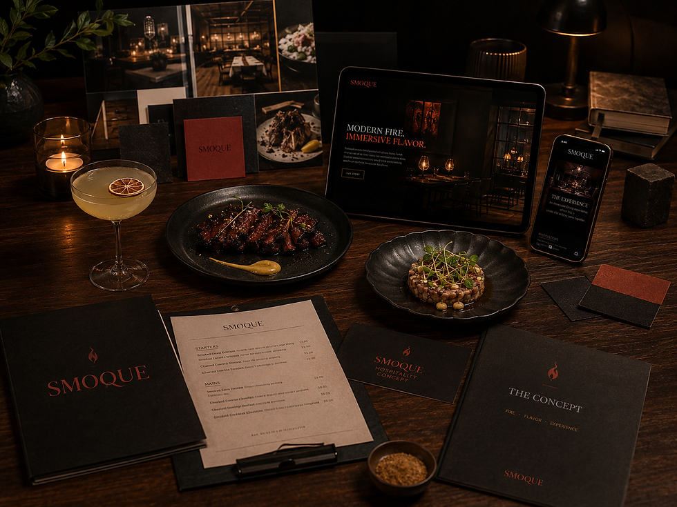 SMOQUE multi-location hospitality brand presented through restaurant interiors, food, cocktails and digital experiences