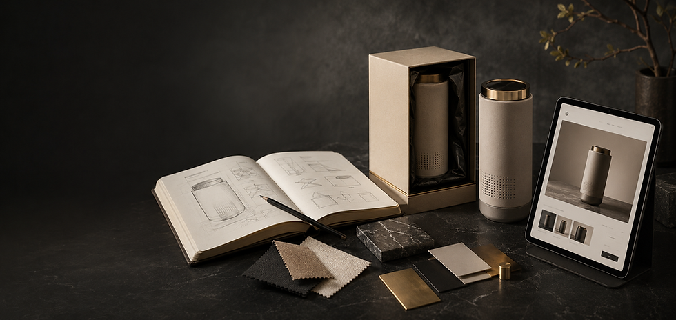 Product development, premium packaging and e-commerce strategy workspace