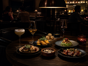Table of sharing plates and cocktails inside the atmospheric LA TASQUERIA restaurant