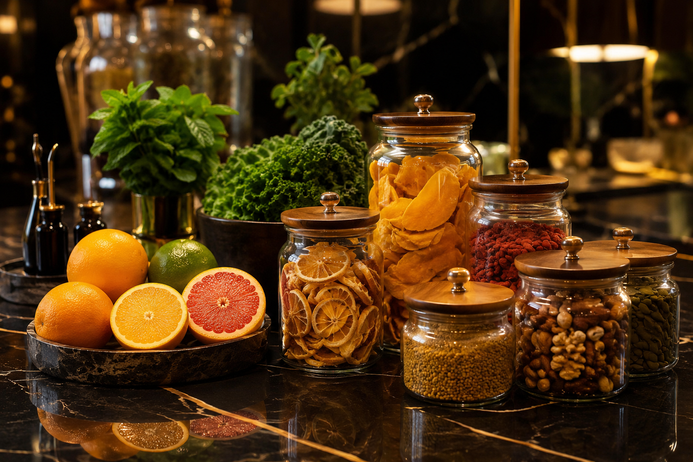 Fresh fruit, herbs, grains and healthy ingredients displayed in glass storage jars