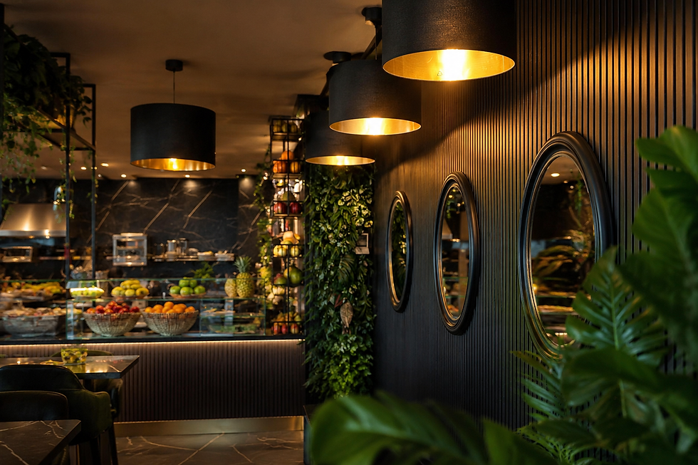 Fresh grain bowl, grilled chicken, salad, wrap and juice inside a contemporary healthy restaurant