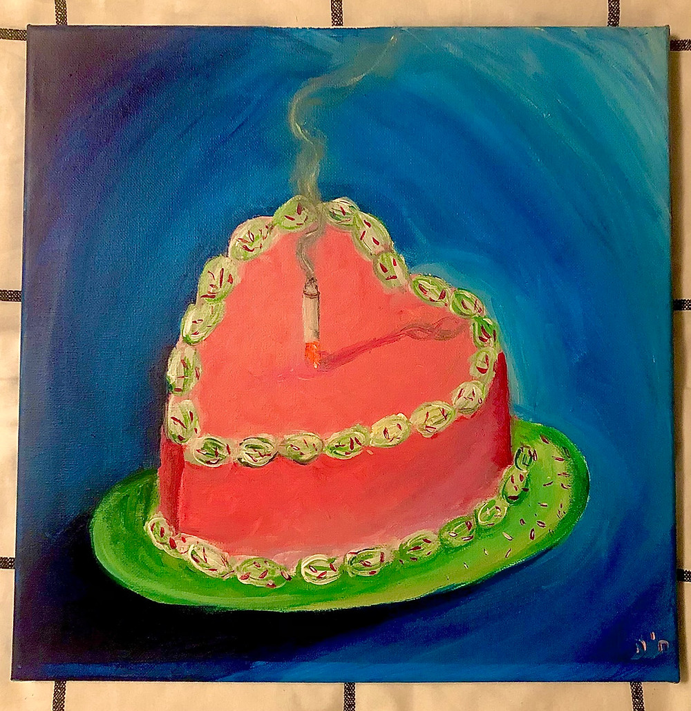 A painting of a heart shaped pink and green cake on a green plate on a blue background with a smoking cigarette in the center of the cake like a candle