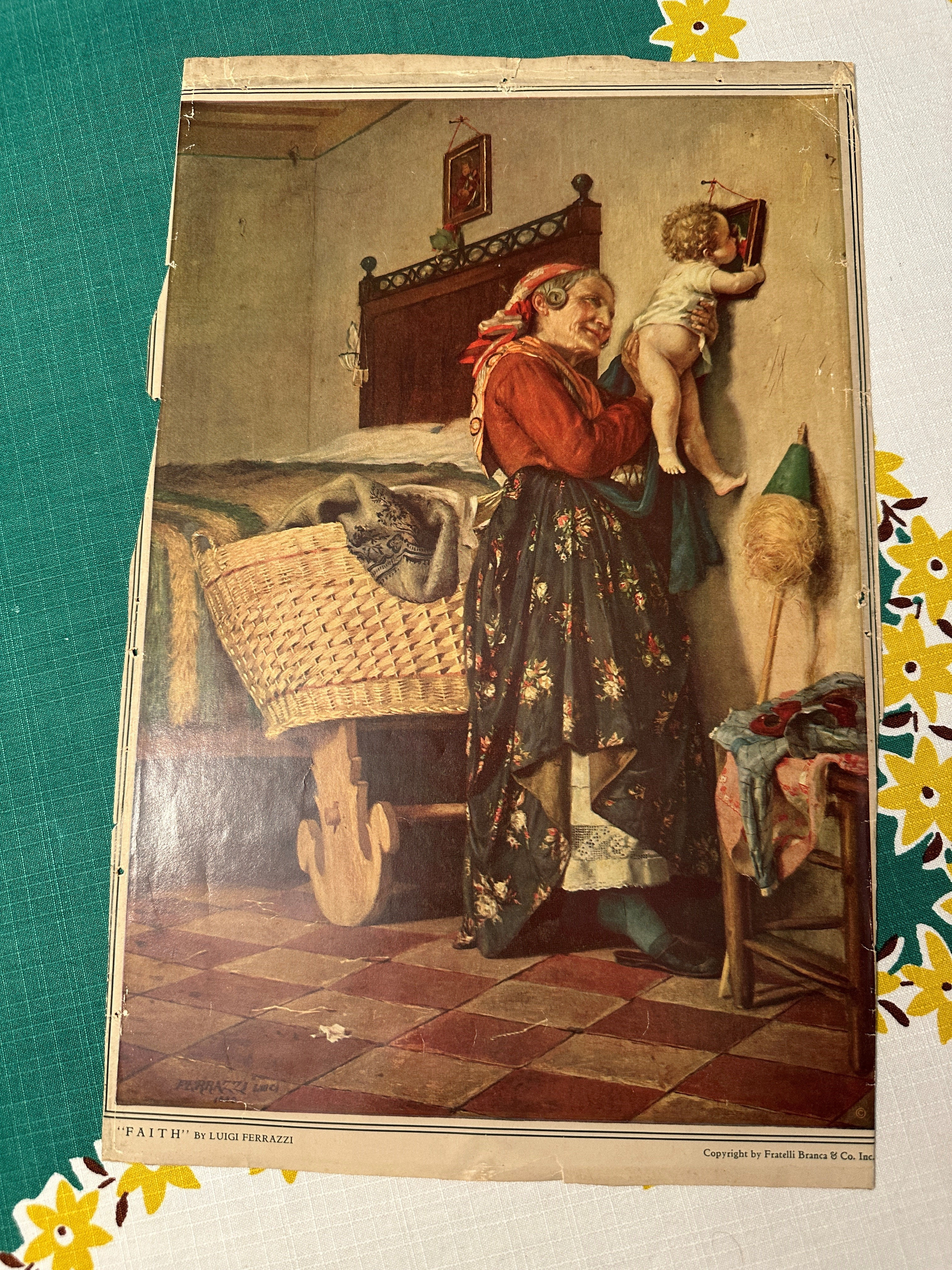 Antique Print, Faith by Luigi Ferrazzi, Grandma and Baby, Fratelli Branca & Co