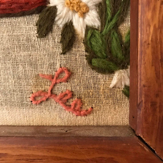 Thumbnail: Vintage Crewel Art, 3 Flower Pots Overflowing with Flowers