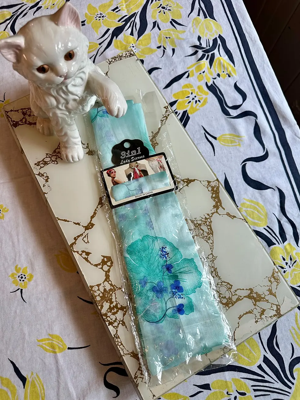 70s Floral Scarf, Head Wrap, Blue Tropical Flowers Scarf, NIP, NOS (AC-A068)