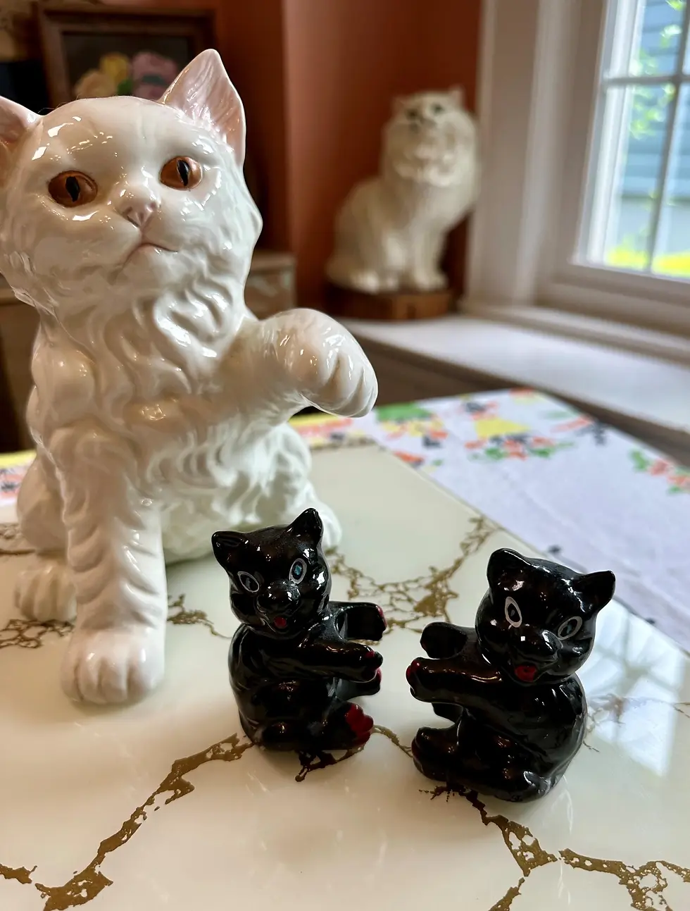 Thumbnail: Vintage Black Cat Candle Holders, 1950s Japan Cat Figurines, Redware Cats