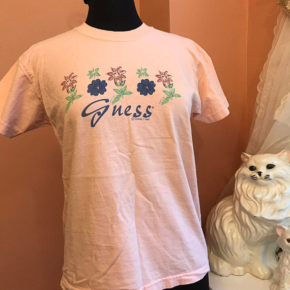 Vintage 90s, Guess Jeans Tshirt, Peach, Flowers, Spring Shirt, Fitness Clothes