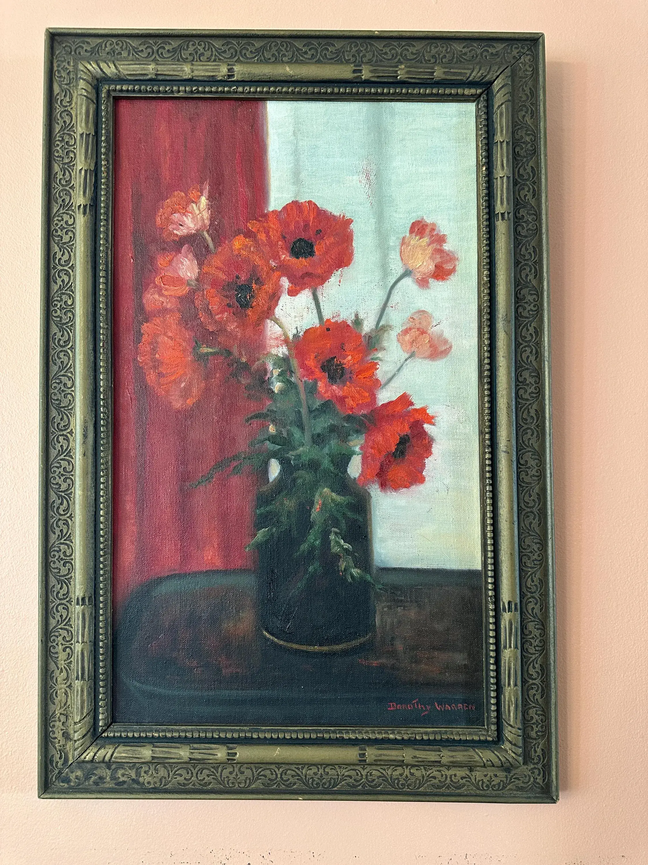 Signed Vintage Floral Painting by Dorothy Warren, Red Poppies (AR-A251)