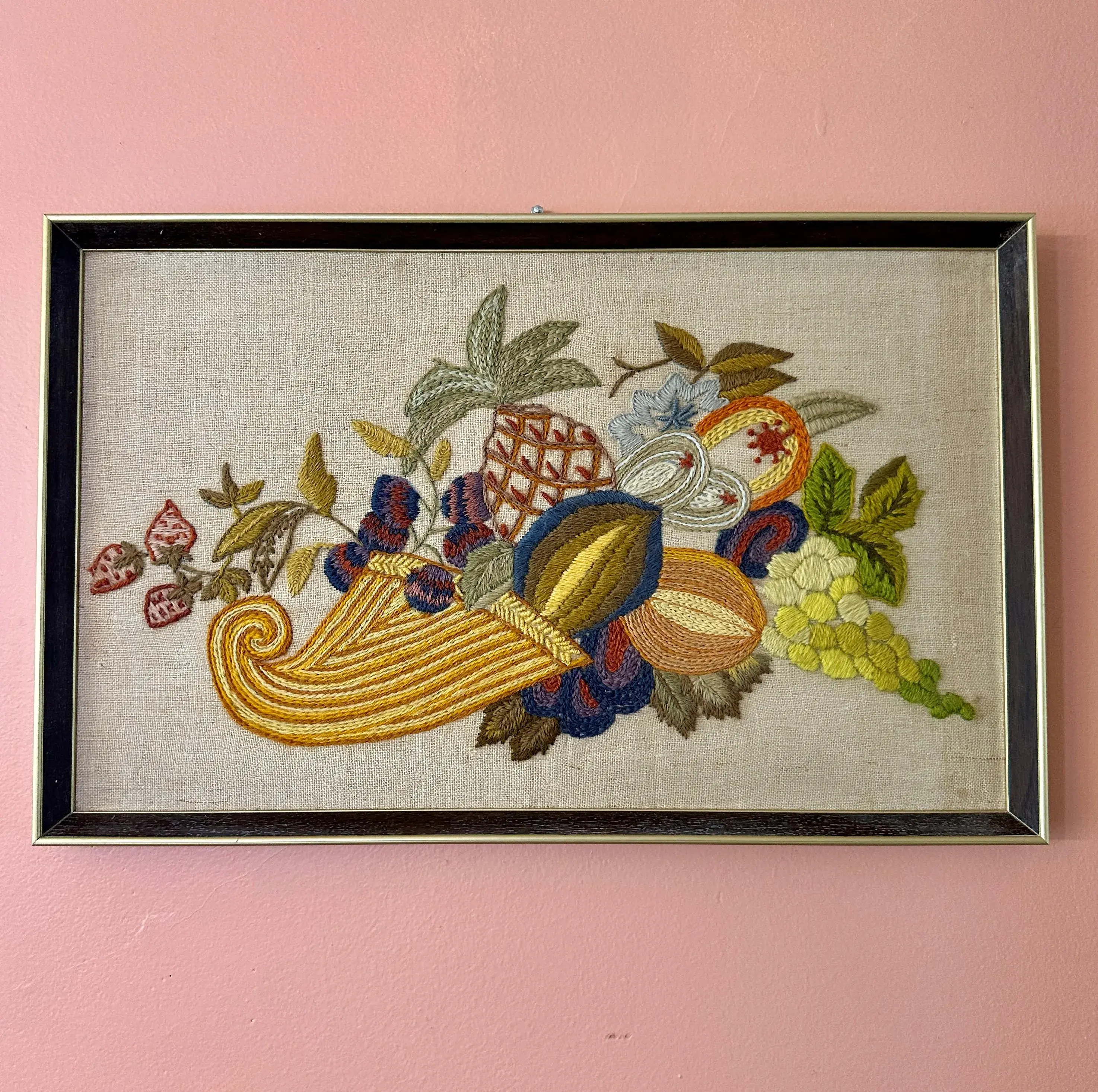 Vintage Crewel Embroidery, 1970s Cornucopia Full of Vegetables, Framed (AR-A651)