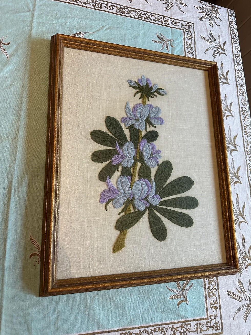 Thumbnail: Vintage Crewel Embroidery, Abstract Floral, Blue and Purple Lupine, Framed