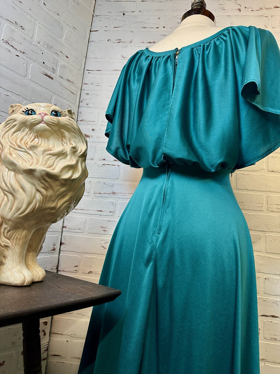 Thumbnail: Vintage 70s Dress, Teal Green Grecian Style Party Dress, Size 9 (CL-A040)