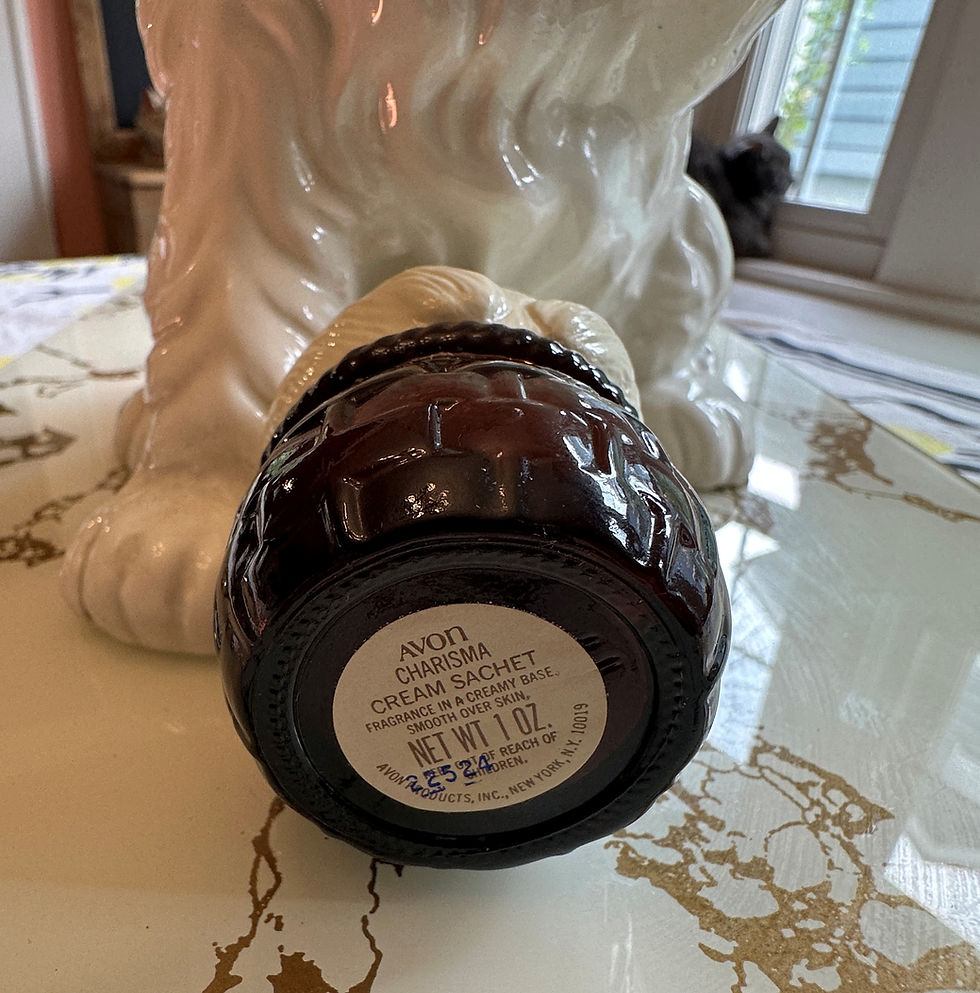 Thumbnail: Vintage Cat in Basket, Chonky Cat, Milk Glass and Amber Bottle, "Charisma Cream