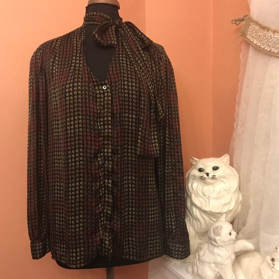 Thumbnail: Vintage Blouse, Bow Blouse, Vintage 80s, Sexy Silky Secretary Top, Puff Sleeves