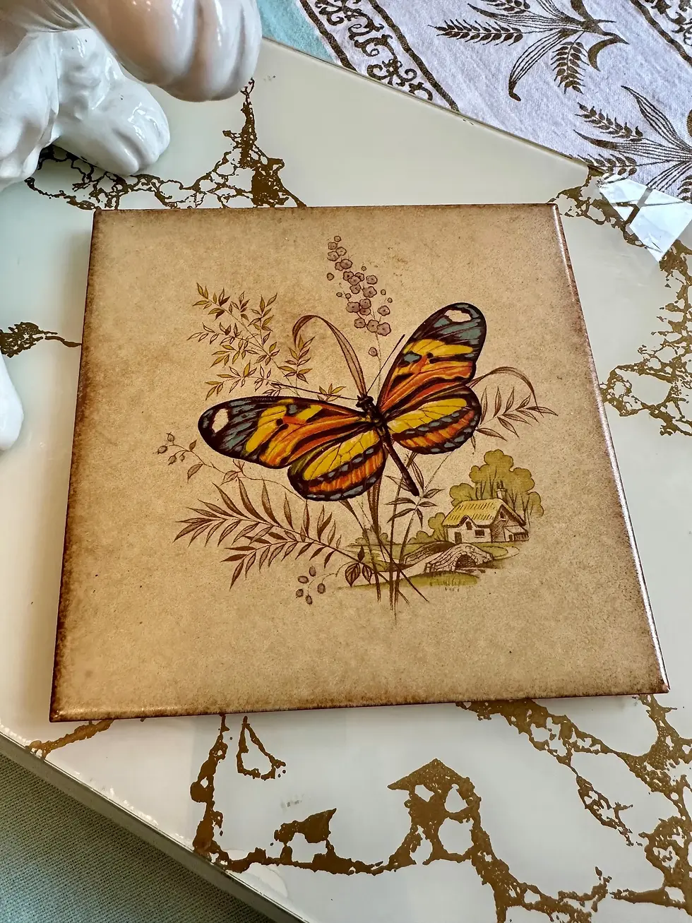 Vintage 1970s, Ragno Tile, Butterfly and Cottage Scene, Tile Trivet, Coaster