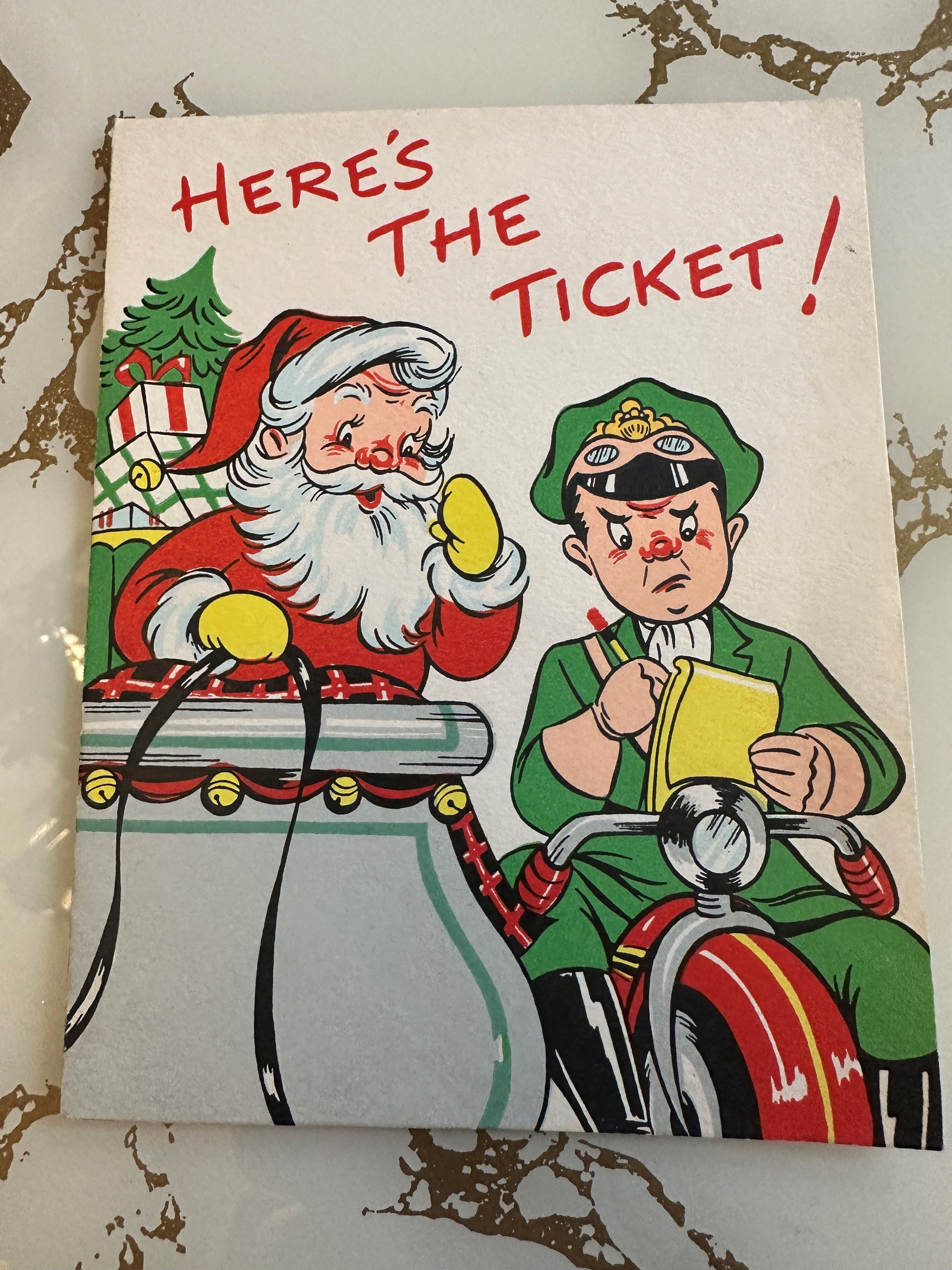 Vintage Christmas Card, 1950s Ephemera, Santa Pulled Over By the Police EP-A111