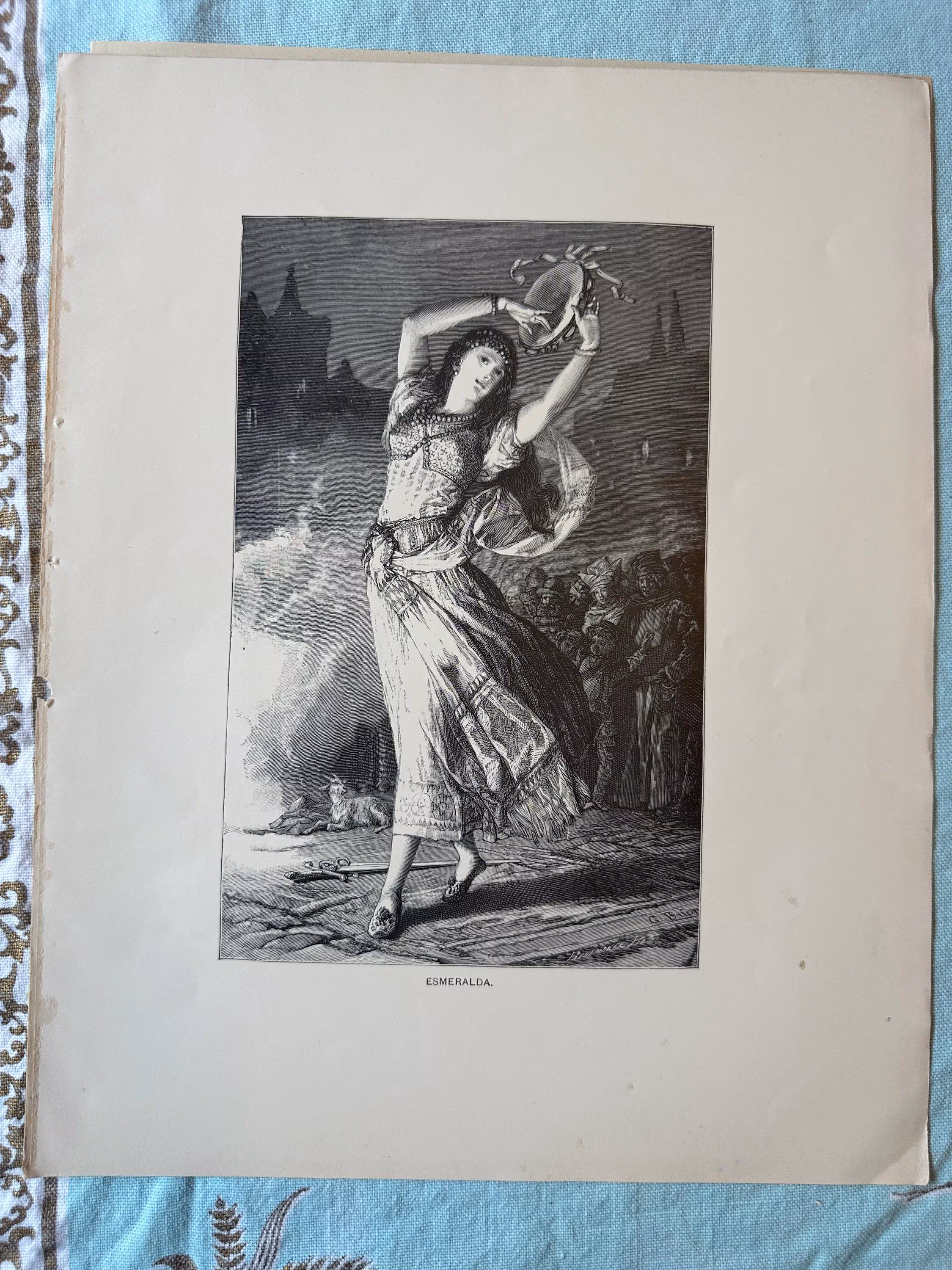 Antique Print, Notre Dame de Paris, Esmerelda Dancing, Victor Hugo 1892