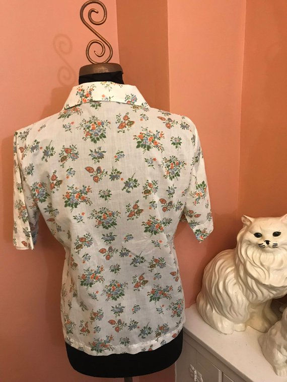 Thumbnail: Vintage 70s, Floral Cotton, Nerdy Short Sleeve Button Blouse, Orange Blue Flower