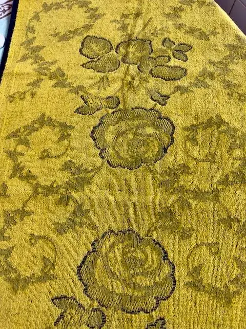 Thumbnail: Vintage 1970s Towel, Damask Hand Towel with Fringe, Yellow/Green and Navy Blue
