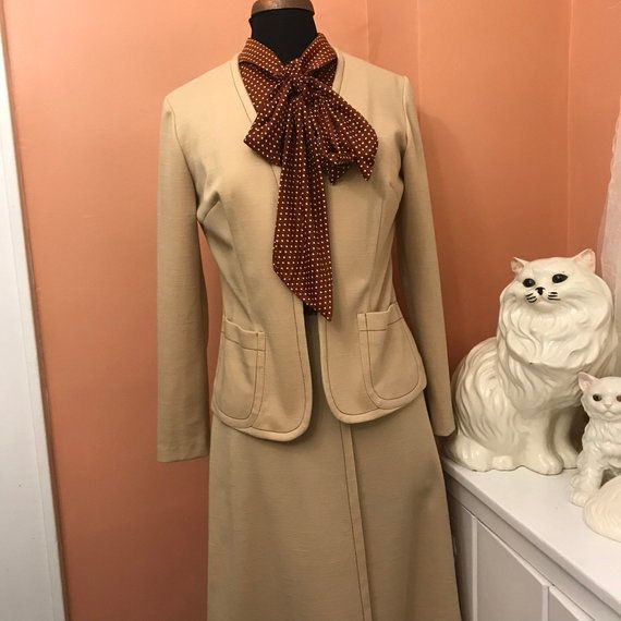 Thumbnail: Vintage Dress, 70s Dress, Beige And Brown Polka-Dot Bow Collar, Sexy Secretary